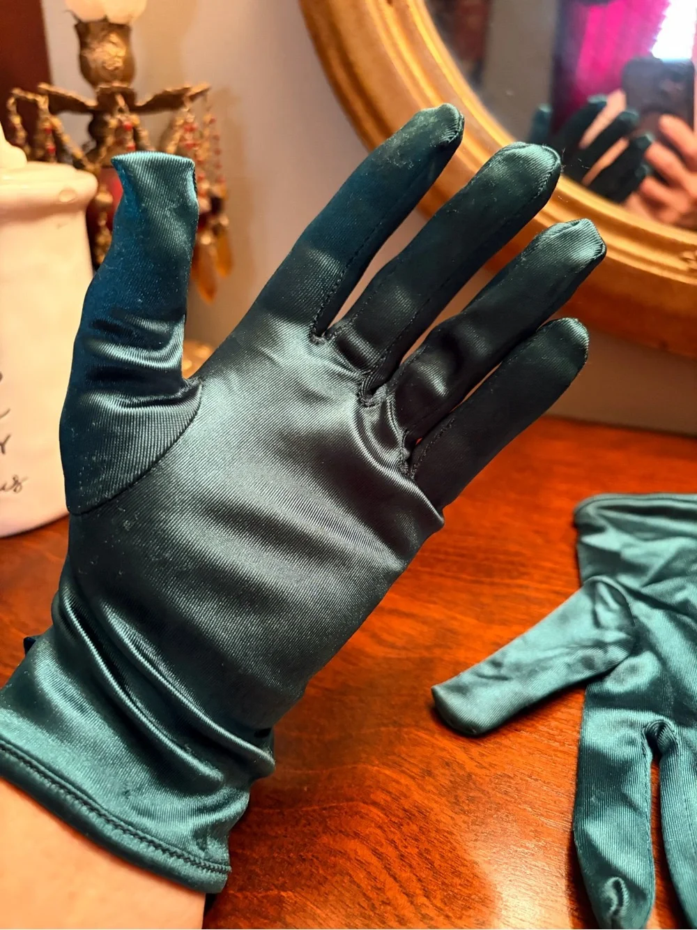 Elegant Teal Satin Wrist Gloves with Bow Accent